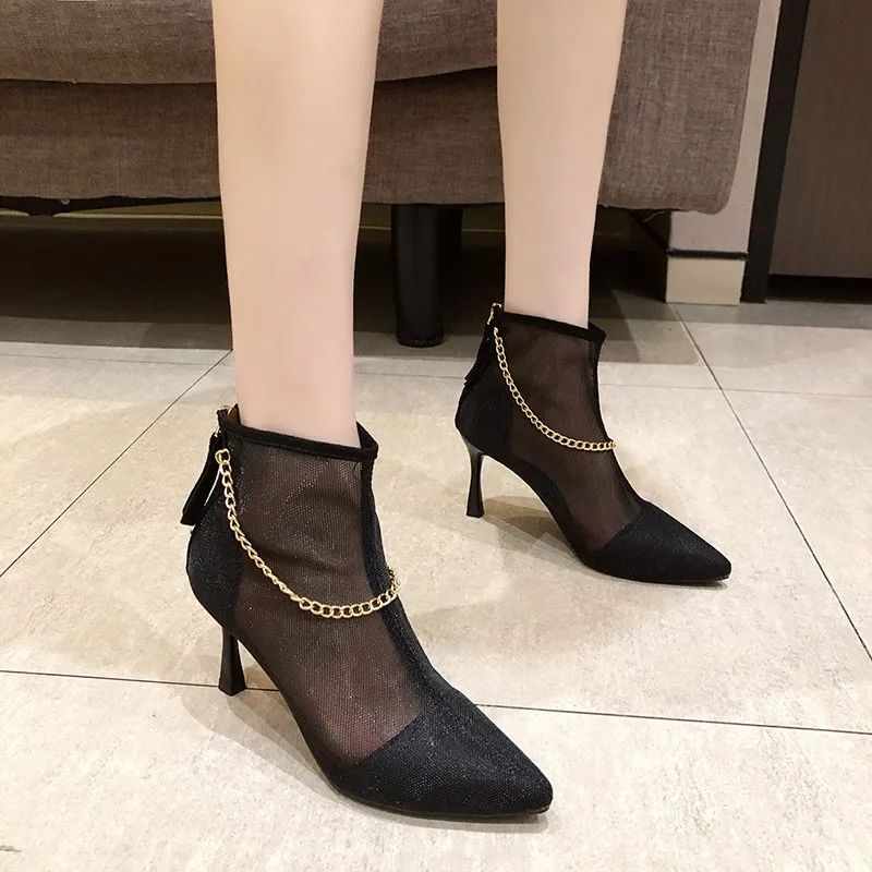 Women's Sandals Summer New Metal Chain With Sexy Black Cold Boots High Heel Zip Closed Back Sandals Pu Party Shoes Gauze Pointed