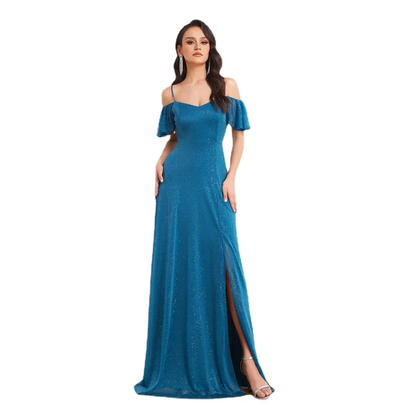 

Women's Chiffon Side Split Bright Glitter Ruffle Strapless Halter Dress