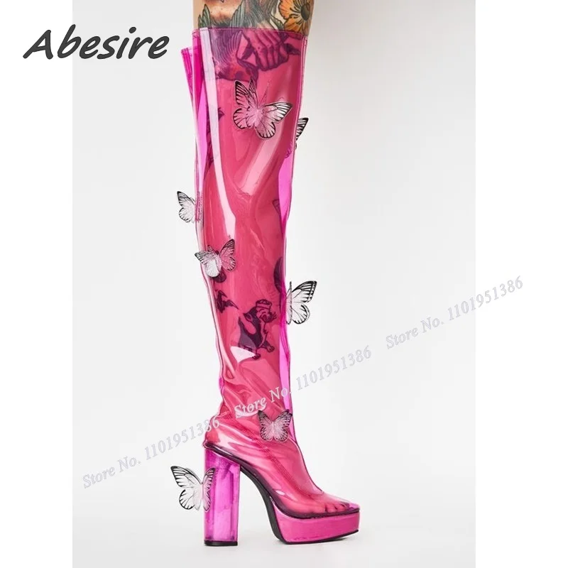 Abesire Pink Butterfly Decor Clear PVC Boots for Women  Over the Knee Platform Shoes on Heels Boots Solid Zapatillas Mujer