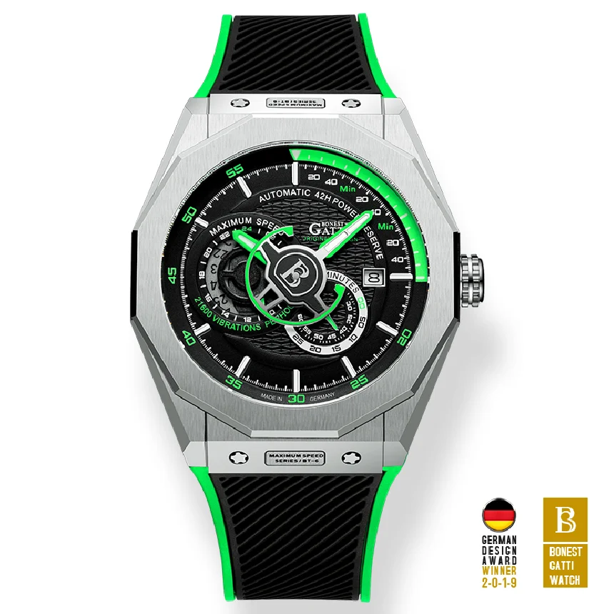 

BONEST GATTI Men Automatic Watch Luxury Mechanical Wristwatch Military Skeleton 50M Waterproof Luminous Sapphire Rubber Strap