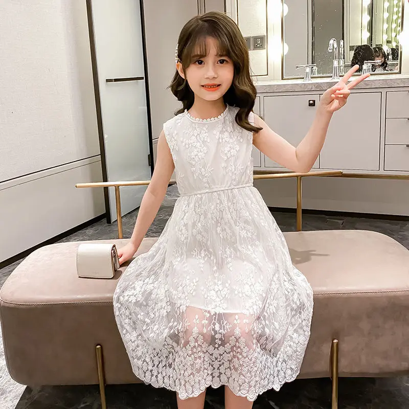 

Summer Lace Sleeveless Dress for Girls 10 To 12 Years Brief Embroidery White Layered Mesh Chiffon Clothes Child Black Skirts 7y