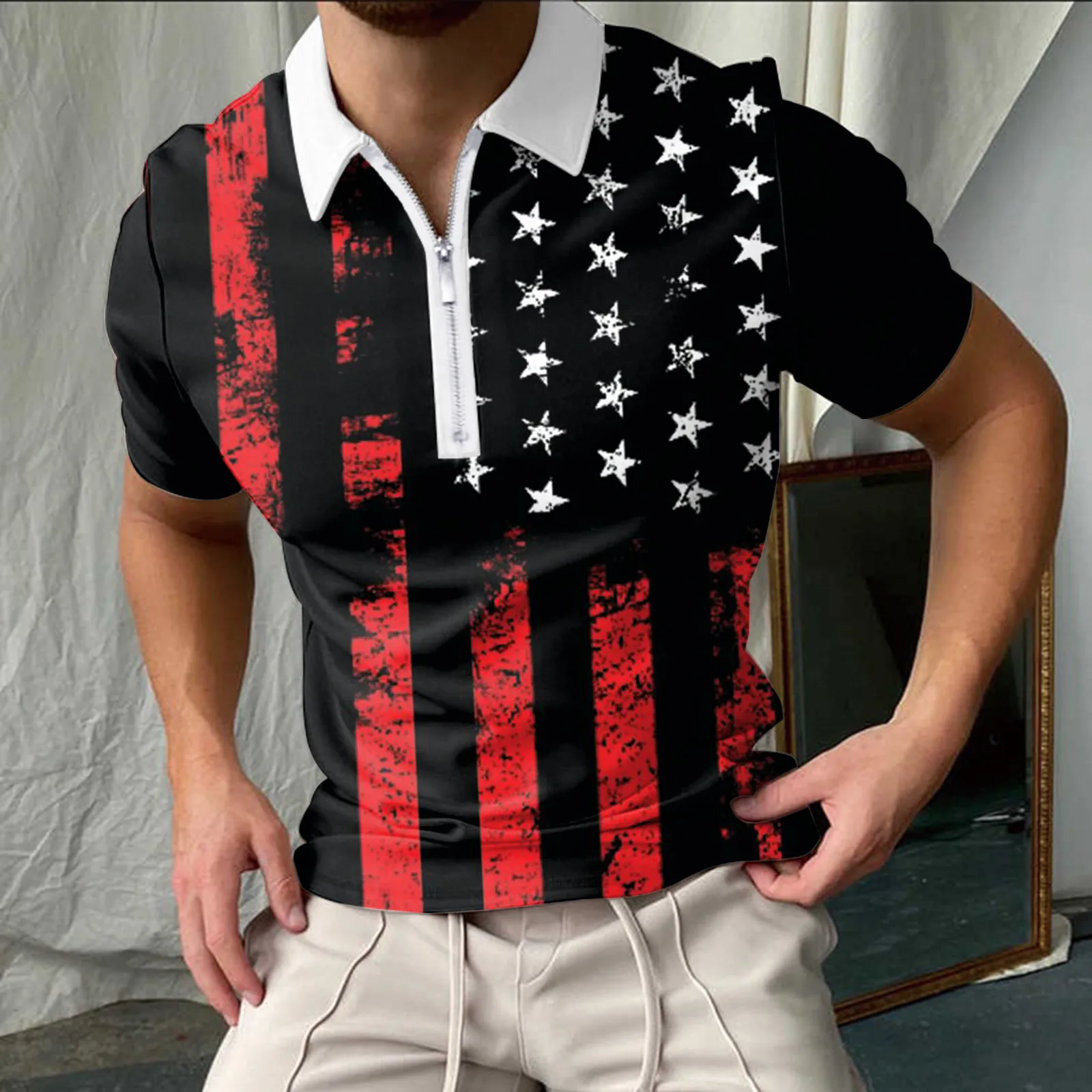 

2022 t-shirts wolfs Men Summer Fashion Casual Printed Zipper Turndown Collar Short Sleeve Shirt Top