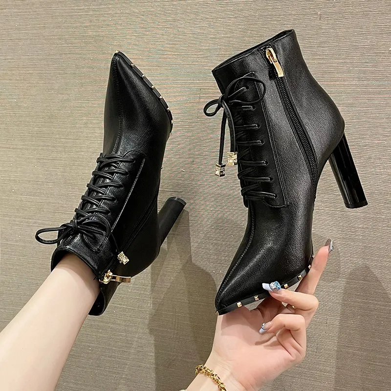 

2023 Metal heels chelsea boots woman zipperamp lace up boots flock ankle botas pointed toe stiletto high heels boots women