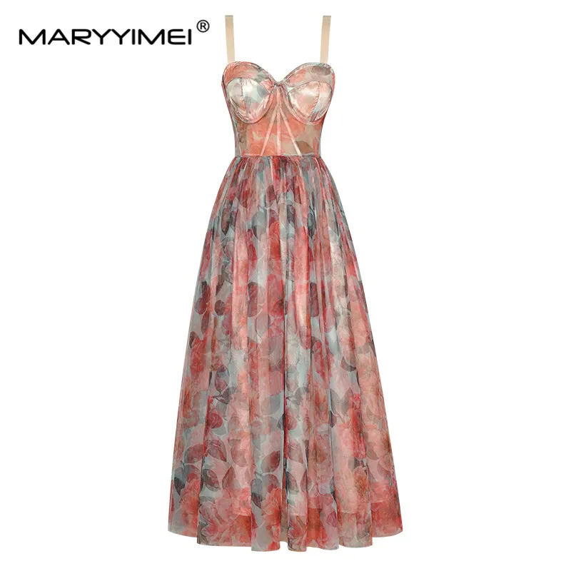 

MARYYIMEI Fashion designer Women's Slingrinting backless Dress Waist retraction Backless Vacation Elegant Dress Long skirt
