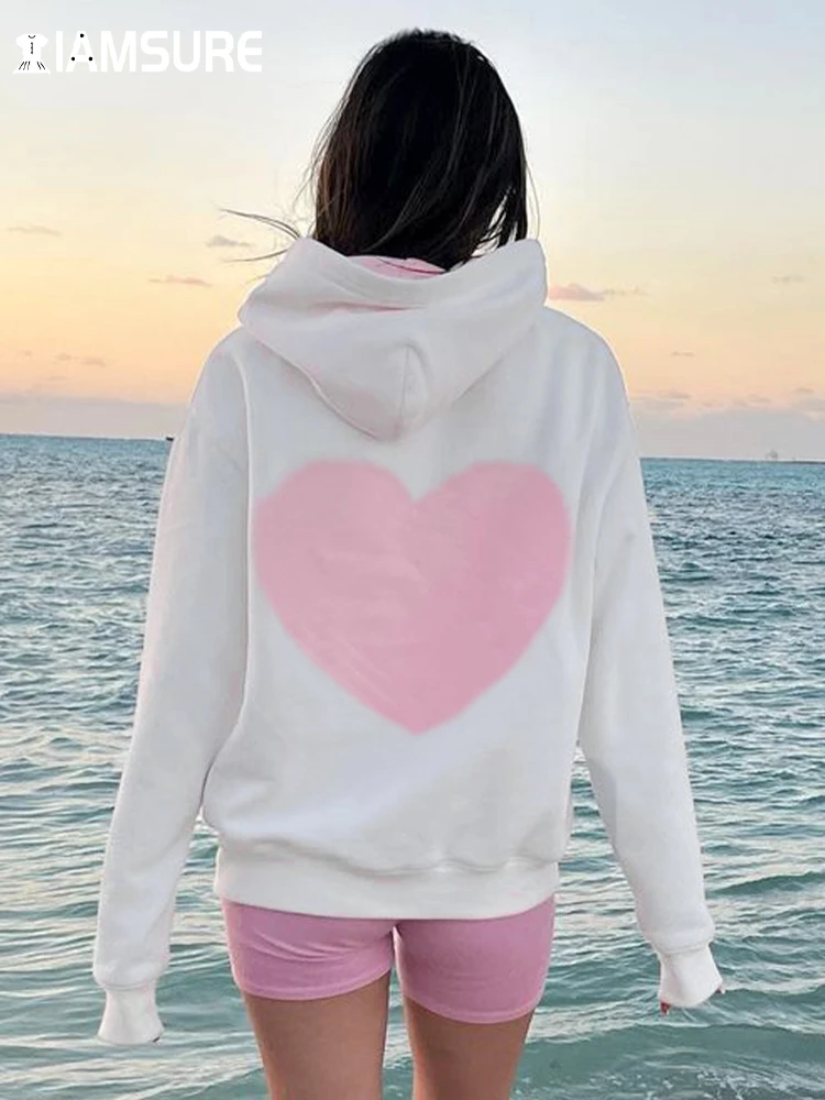 

IAMSURE Sweet Heart Shpe Pattern Hoodies Casual Streetwear Hooded Long Sleeve Sweatshirt Women 2023 Autumn Spring Streetwear