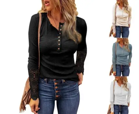 

Женская футболка, топы, новинка сезона осень-зима 2022, Элегантная Лоскутная Блузка с длинным рукавом и воротником на пуговицах, повседневный ...