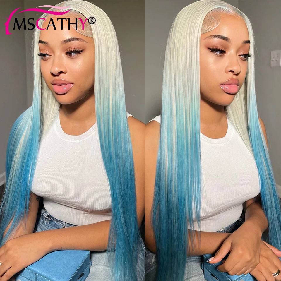 13x4 Blue Ombre Platinum Lace Front Wigs For Women Straight Pink Blonde Brazilian Lace Front Human Hair Wig HD Lace Frontal Wig