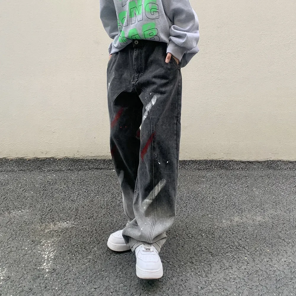 New American High Street Graffiti Embroidery Gradient Jeans Men's Loose Wild Straight-leg Pants Fashion Men's Hip-hop Streetwear