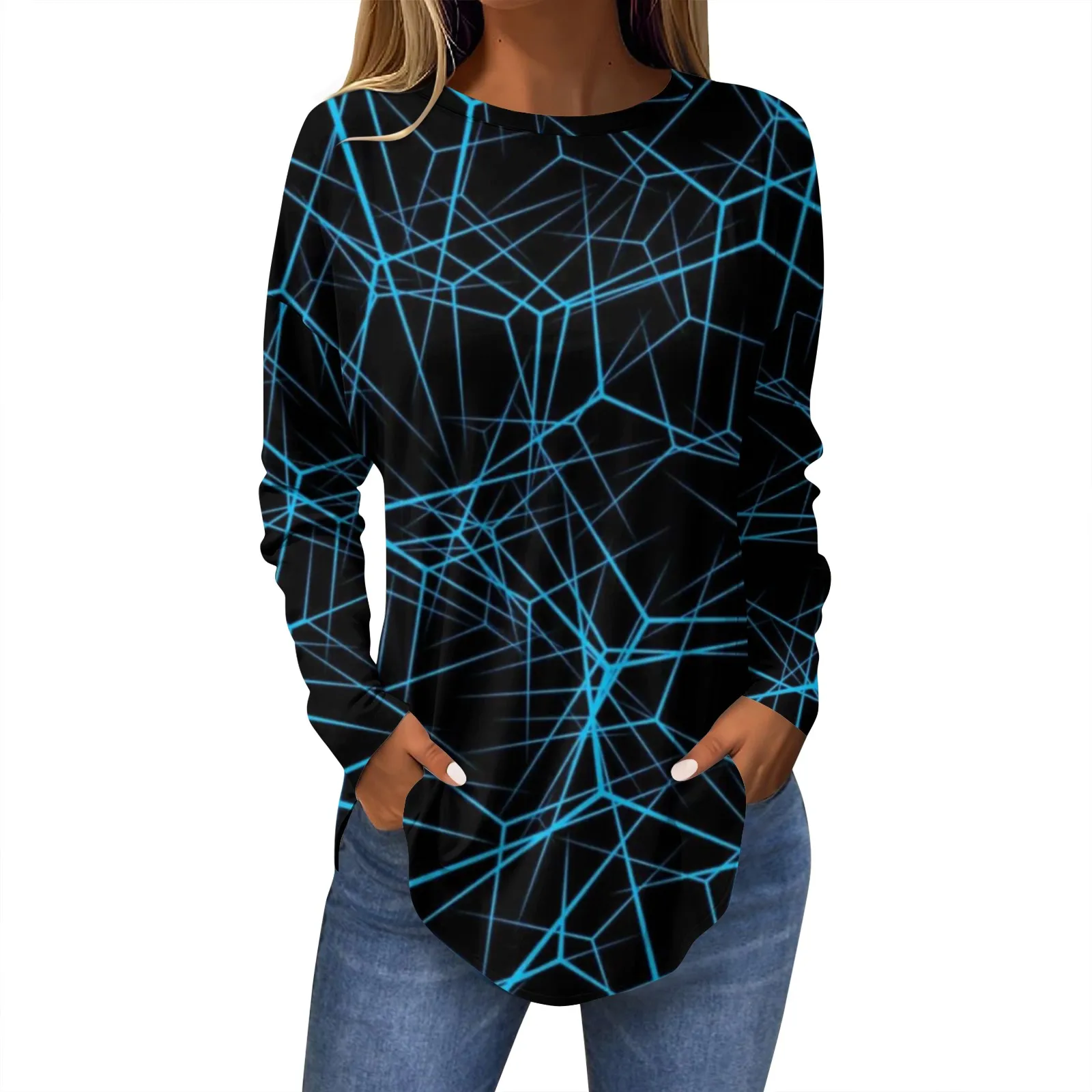 Женский топ с длинным рукавом круглым вырезом и принтом