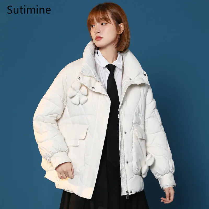 Winter Clothes Women Pockets Casual Flower Cotton Padded Clothes for Women Korean Version Loose and Lovely Zipper Coat Women