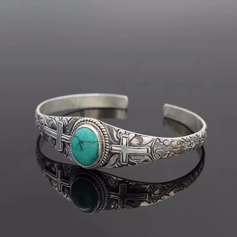 

New Bohemian Natural Turquoises Stone Open Bangle Bracelet Tibetan Jewelry Antique Silver Color Cuff Bracelet For Women Gift