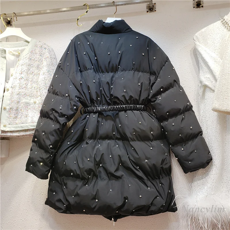 New Rhinestone Beaded Waist Cotton Clothes Women's Winter 2022 Mid-length Thickened Parka Women's Warm Jacket