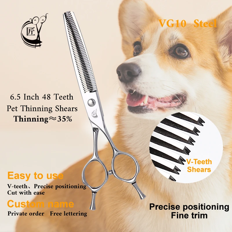 Crane JP VG10 Steel 6.5 Inch 48 Teeth Pet Dog Grooming Scissors Thinner Shears For Dogs Thinning Rate 35% Open Dentition