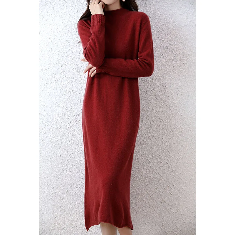 

2022 Women Dresses 100% Pure Wool Knitted O-neck Longer Dress Female Winter Autumn High Quality Stardard Woolen Dress