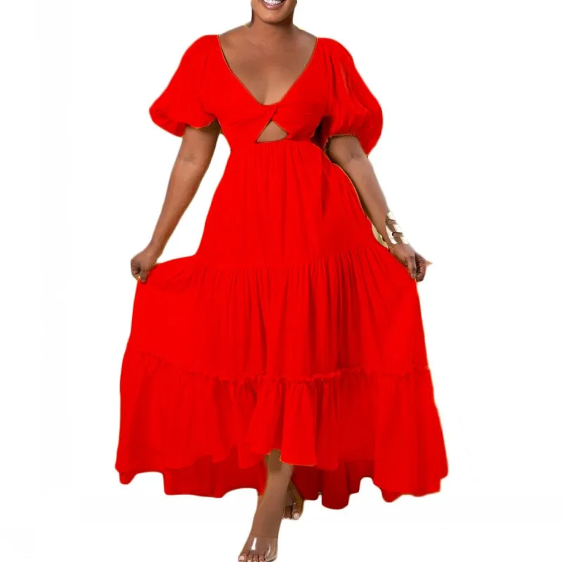 

Maxi Dress Women Deep V Neck Hollow Cross Backless Robes Fashion New Ruffle Splice Puff Sleeve Vintage Elegant Sexy Summer Dress