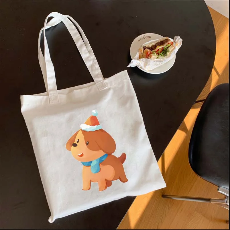 

Christmas Hat Dog Cartoon Print Student Canvas Bag Women's Leisure Commuter Bag Large Capacity Fabric Bag Simple and Versatile