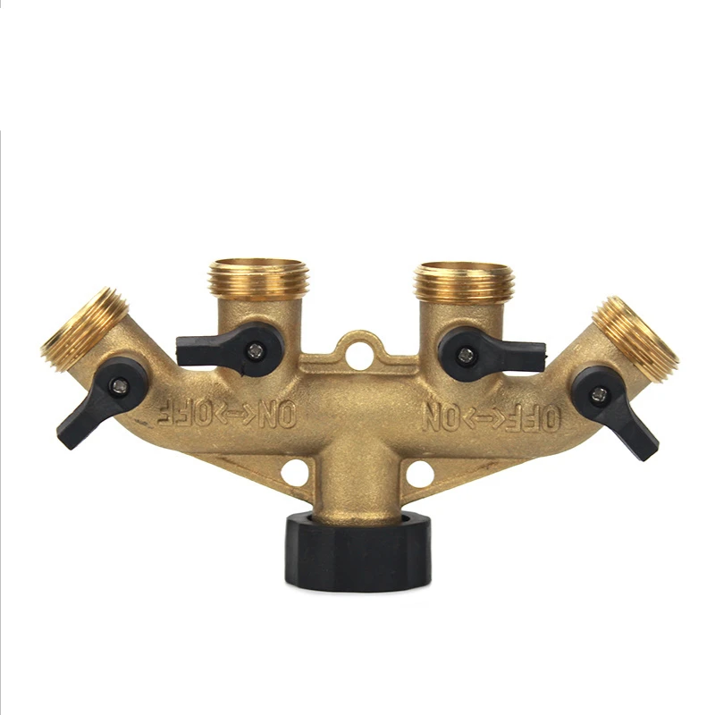 4 way brass hose splitter, brass hose splitter, garden hose splitter, garden hose valve, heavy duty garden hose connector.