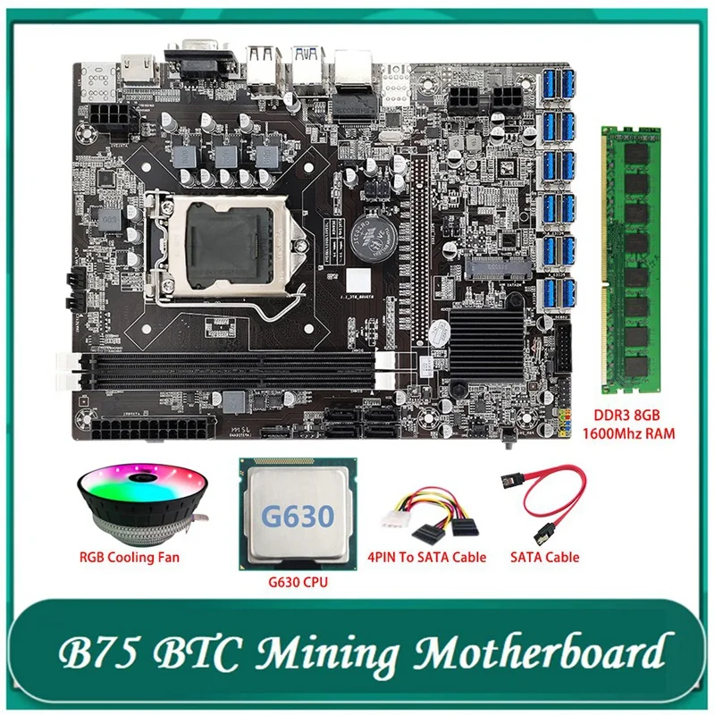 

B75 ETH Mining Motherboard 12 PCIE To USB LGA1155 G630 CPU+Cooling Fan+DDR3 8GB 1600Mhz RAM B75 BTC Miner Motherboard