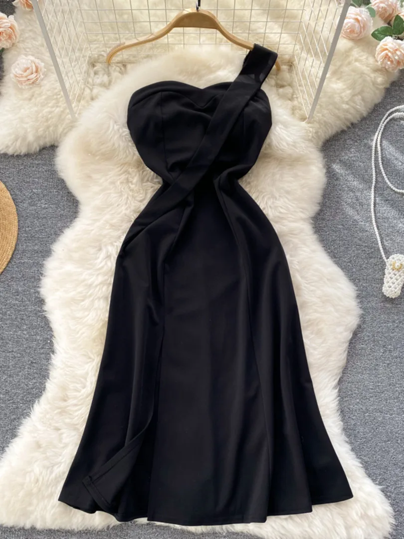

Korean Chic One Shoulder Black Dress Summer 2022 Elegant Women Sleeveless High Waist Split Sexy Evening Party Midi Dress Vestido