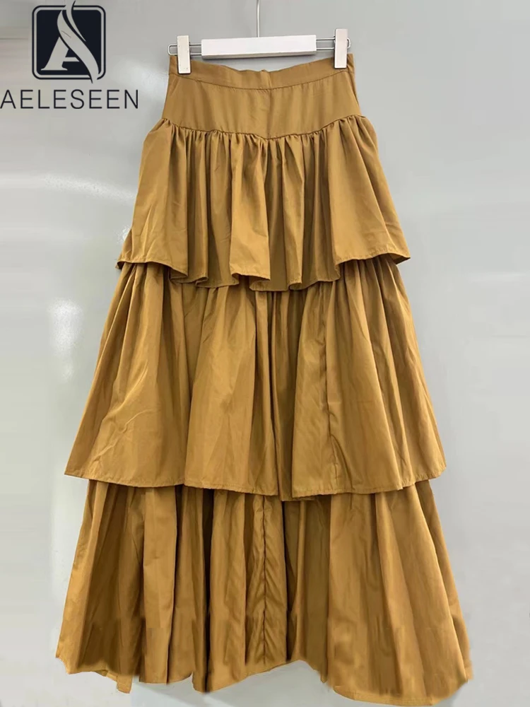 

AELESEEN Autumn Winter Cotton Skirt Runway Fashion Solid Black Brown Cascading Ruffles High Waist Elegant Party Long