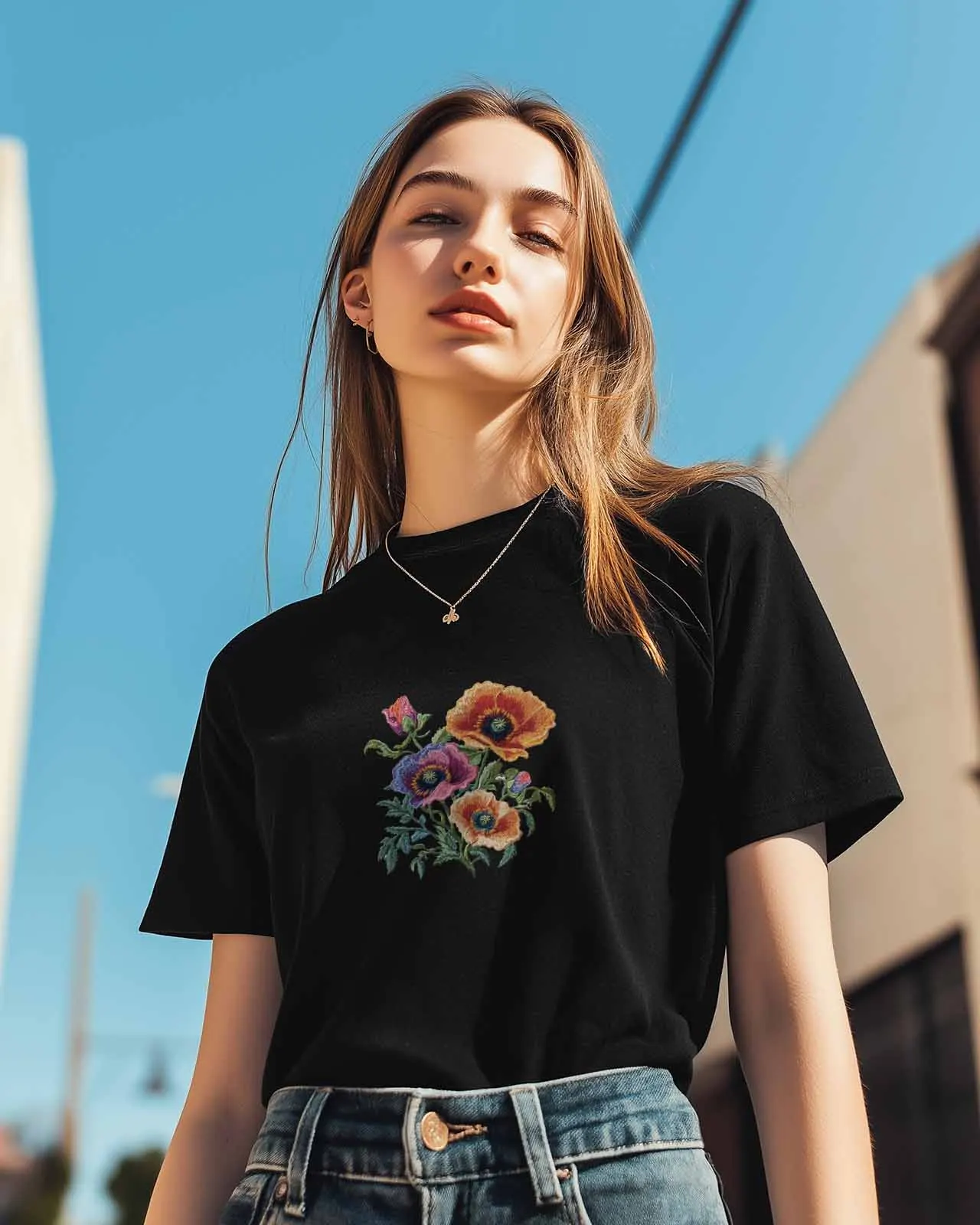 Женские топы футболки красочные с вышитыми цветами мака повседневные круглым