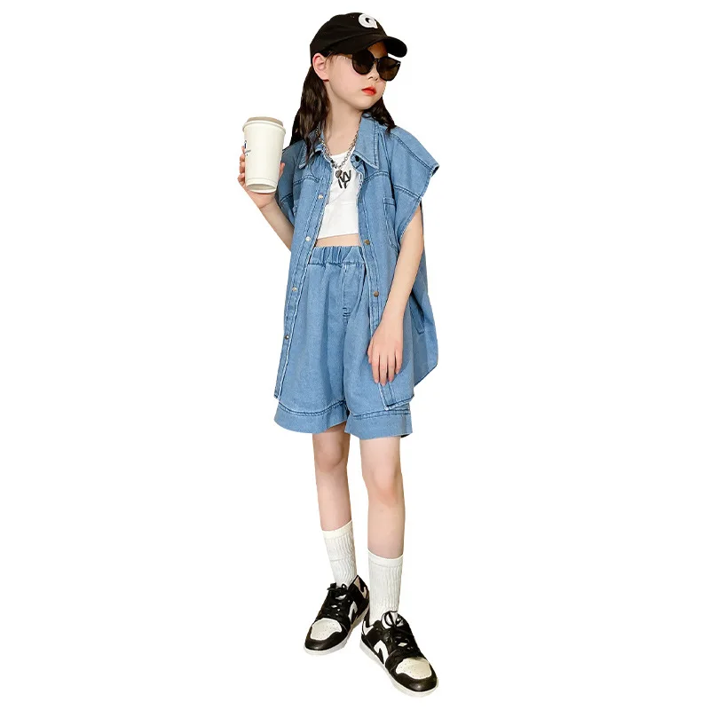 

Girls Outfits Fashion New Summer Clothing Toddler Kids Clothes Casual Sportswear Denim Short Sleeves + Shorts 2pcs Boutique Suit