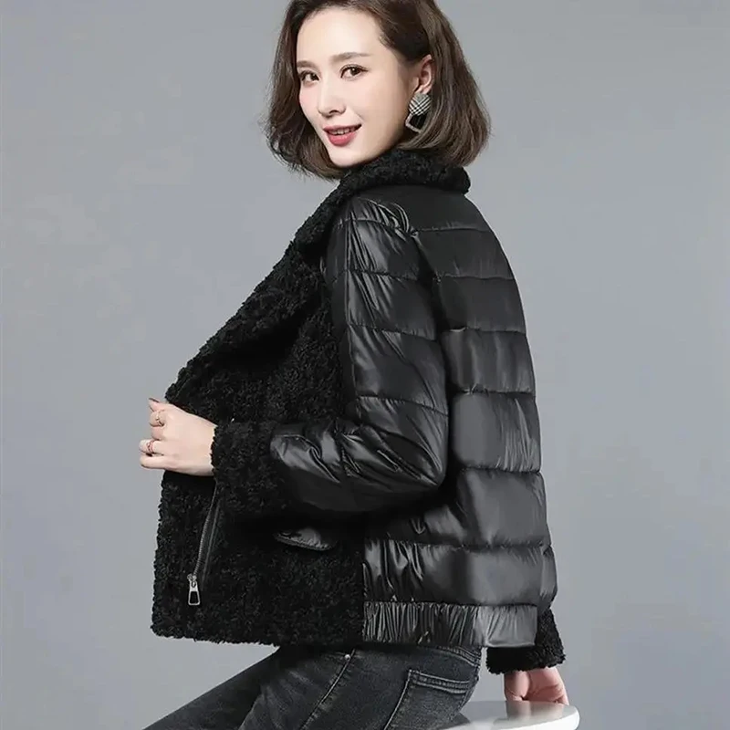 Lamb Wool Patchwork Cotton Short Jacket Female Thick Warm Slim Zipper Padded Parkas Women Elegant Winter Down Coat Warm Clothes