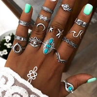 boho vintage silver color crown feather flower finger ring set fashionable jewelry ring retro jewelry
