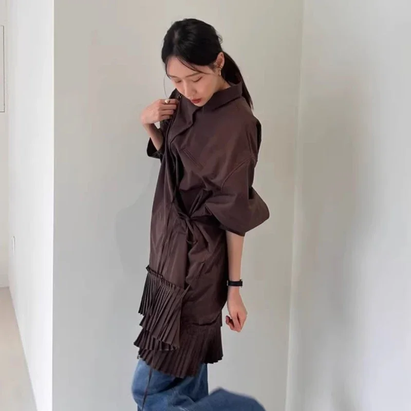 Корейские шикарные плиссированные платья Vestidos Mujer нерегулярные на шнуровке