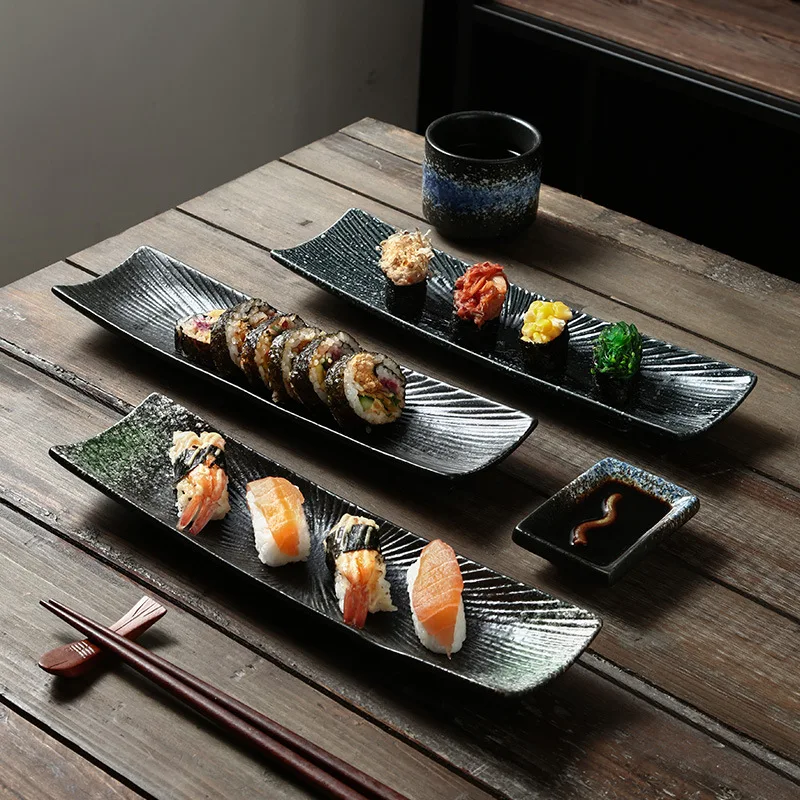 

cuisine creative rectangular sushi plate sashimi plate cold dish plate Japanese ceramic plate retro restaurant strip plate