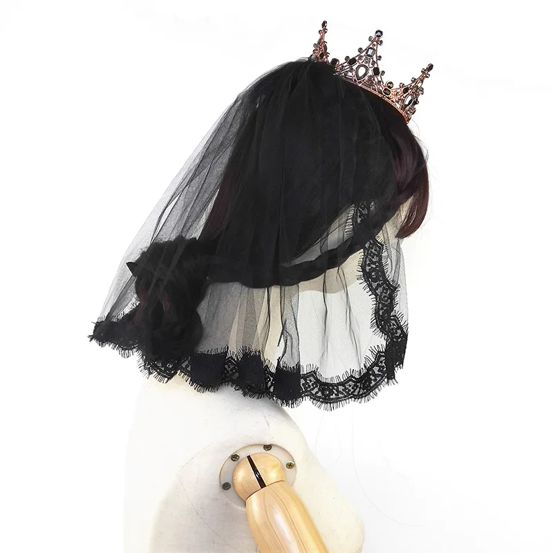 Фата Свадебная вечеринка Хэллоуин Черная вуаль Винтажная корона Кружевная