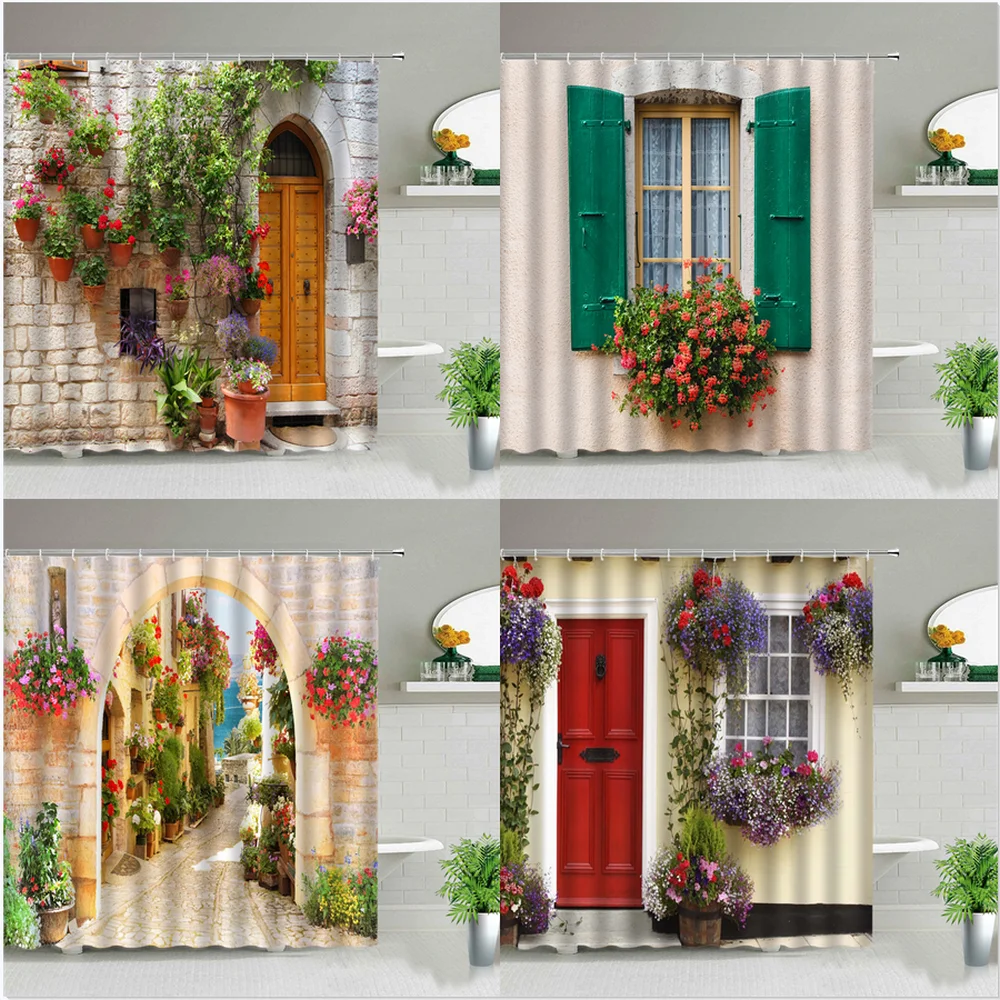 

Деревенский уличный пейзаж, цветы, занавеска для душа с растениями, ретро здание, старая дверь, занавески для ванной комнаты, набор фонового украшения стены с крючками