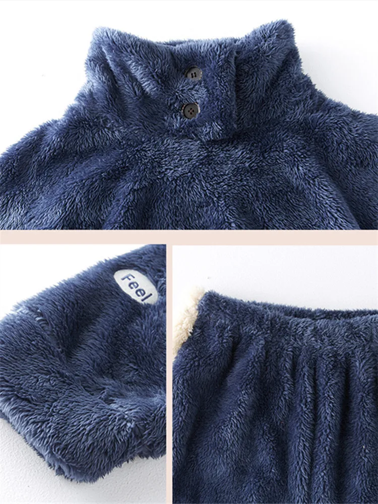 New Flannel Pajamas For Couples Fashion Turtleneck Big Pocket Home Clothes For Men Women Loose Soft Sleepwear 2 Piece Set