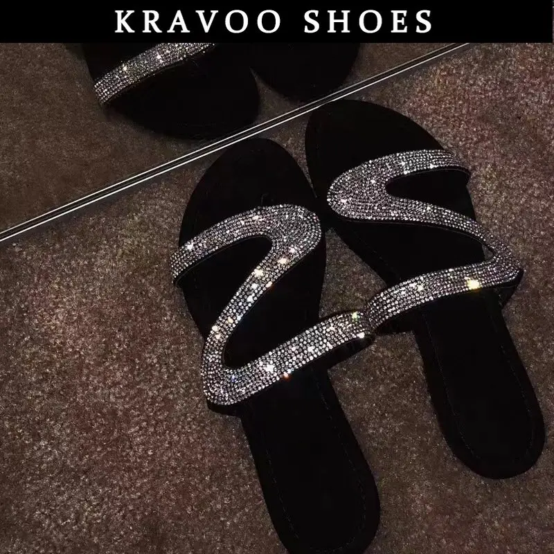 KRAVOO Women Shoes Z-shaped Rhinestone Beach Sandals For Women Flip Flops Slippers Women Plus Size Female Shoes Summer 2023