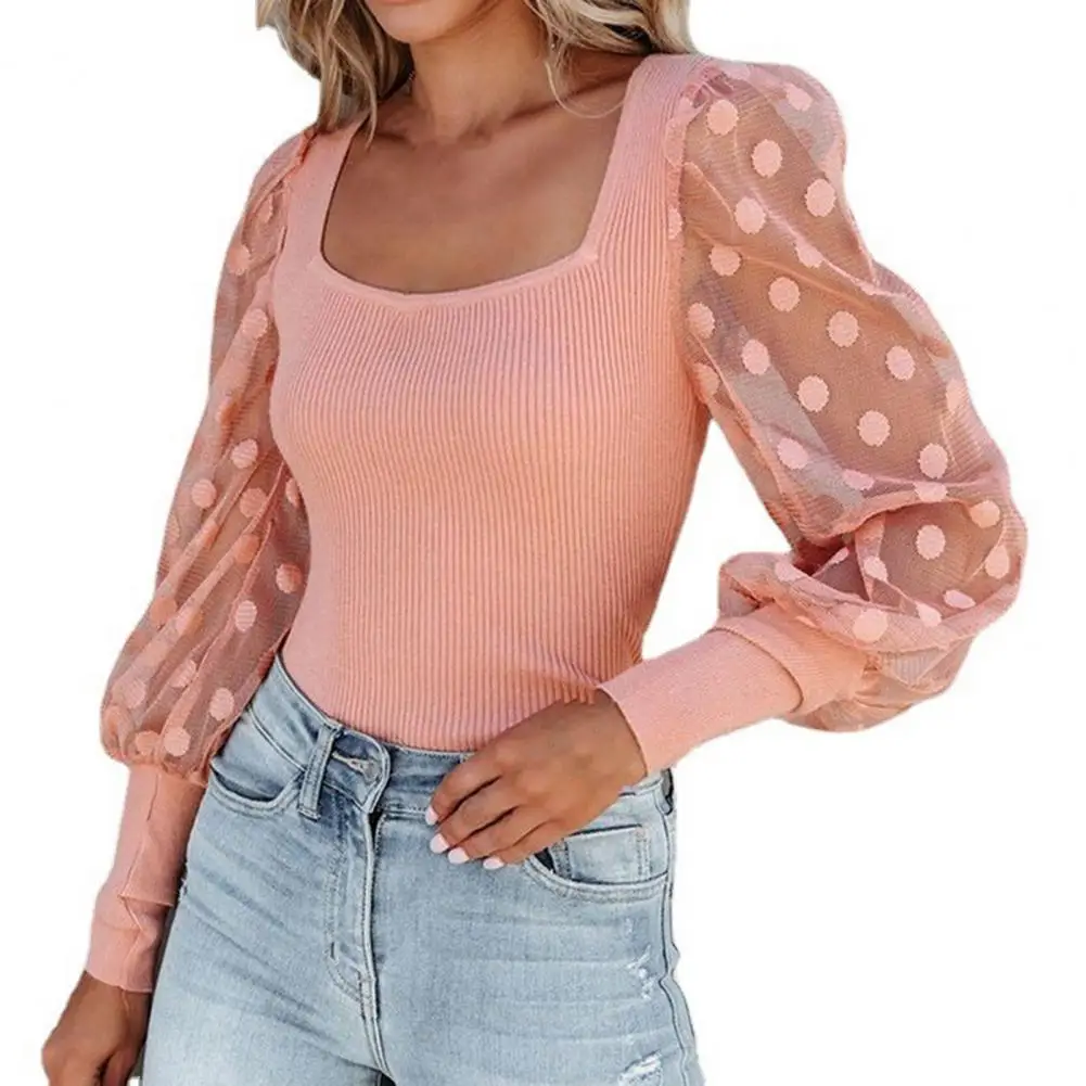 

Regular Women Top Anti-deform Polyester Women Blouse Polka Dot Mesh Sleeve Women Top Blouses Shirt Lady Office