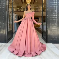 loveholiday elegant pink a line evening dresses beaded one shoulder floor length prom gown satin saudi arabia robe de soiree
