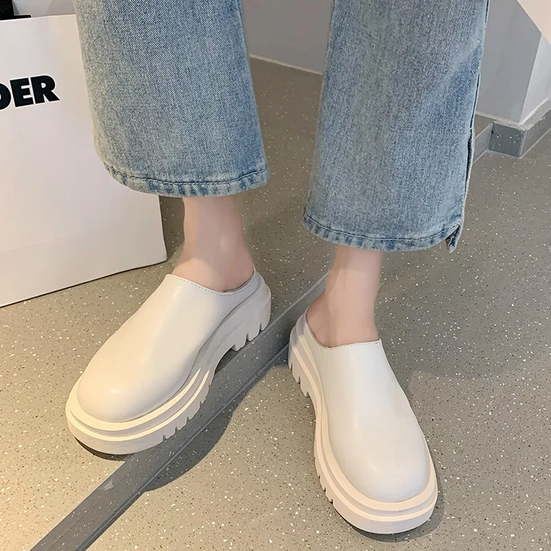 

Women Slippers 2023 Summer Fashion Closed Toe Leather Shoes Loafers High Platform Black Heels Mules Wedges Indoor Casual Ladies