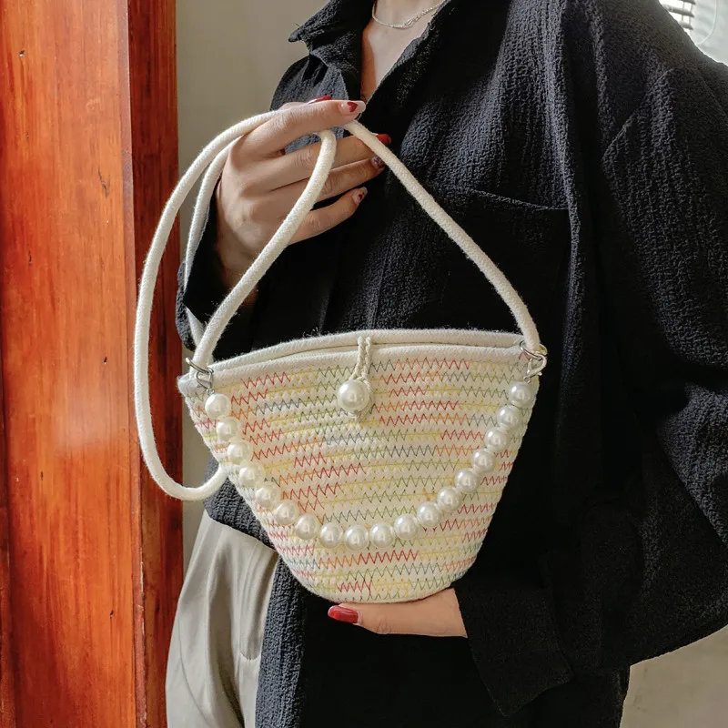 

Сумка на плечо женская с пеньковой веревкой, простой плетеный саквояж кросс-боди, мессенджер с жемчужной цепочкой, Повседневная пляжная сум...