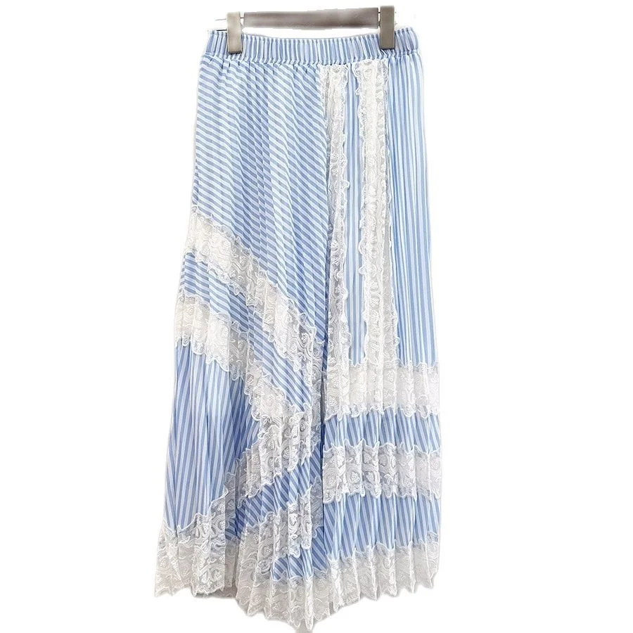 Stripes Free Style Shipping New Splicing elegant Pleated Lace skirt crimping lady skirt casual women skirt dresses summer dress