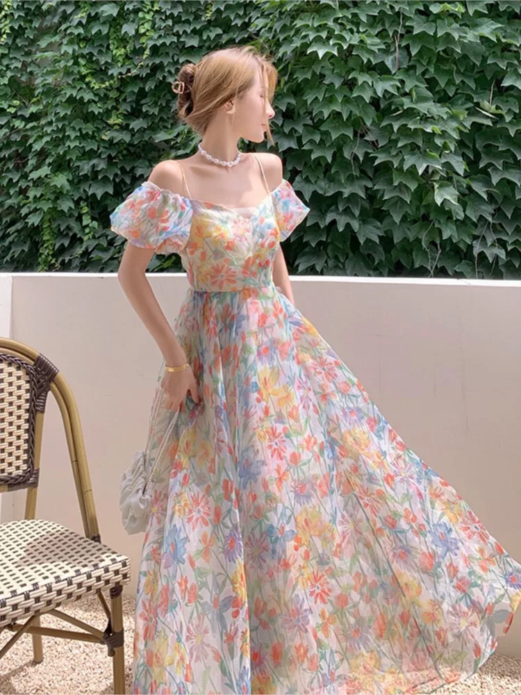 

Летнее элегантное платье миди с цветочным принтом, женские винтажные платья Бохо с открытыми плечами, открытой спиной и открытой спиной