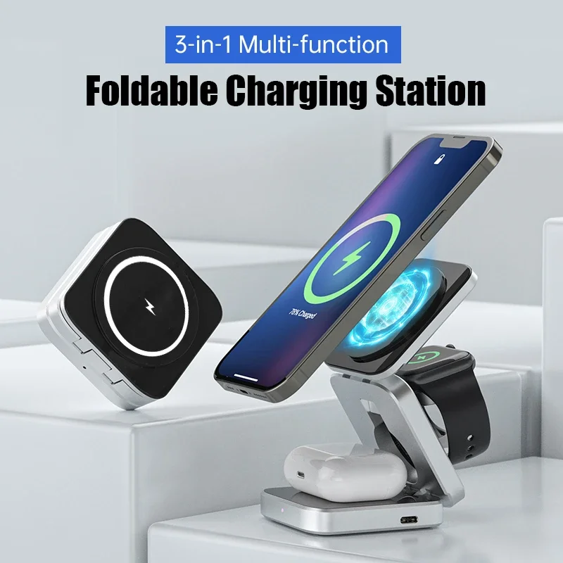 

3 in 1 Foldable Magnetic Wireless Charger Stand Dock for IPhone 15, 14, 13 Pro/Max/Plus,AirPods 3/2 for Apple Watch Iwatch 9 8SE