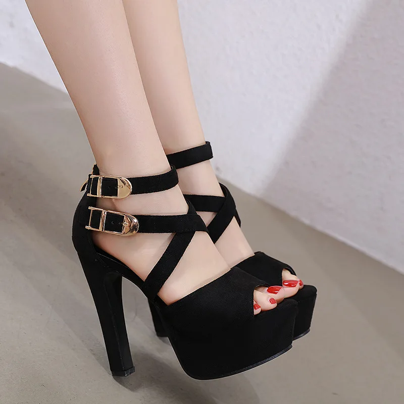 

Womens Platform Heels Solid Shoes For Women Sandalias Mujer 2022 New Black Flannel Platform Lady Party Prom Evening Dress Shoes