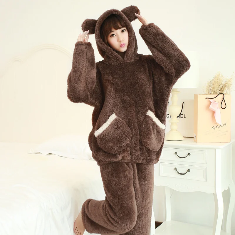 Plush Hooded Homewear Cartoon Pajamas Set Women Sweet Print Full-Sleeve Warm Flannel Sleepwear Loose Pyjamas Clothes Big Size