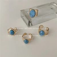 new blue stone ring retro jewelry geometric metal style sweet cool ring for women