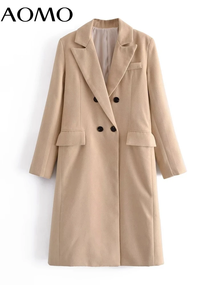 

AOMO 2022 Women Khaki Thick Long Coats Loose Long Sleeves Pocket Office Ladies Elegant OverCoat 3W65A