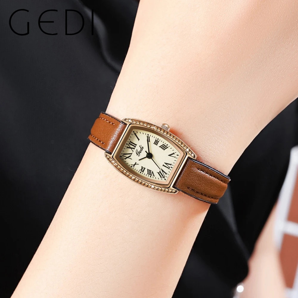 GEDI Fashion Women Watches Leather Strap Retro Roman Dial Waterproof Woman Quartz Wristwatches Casual Dress Ladies Clock 51127
