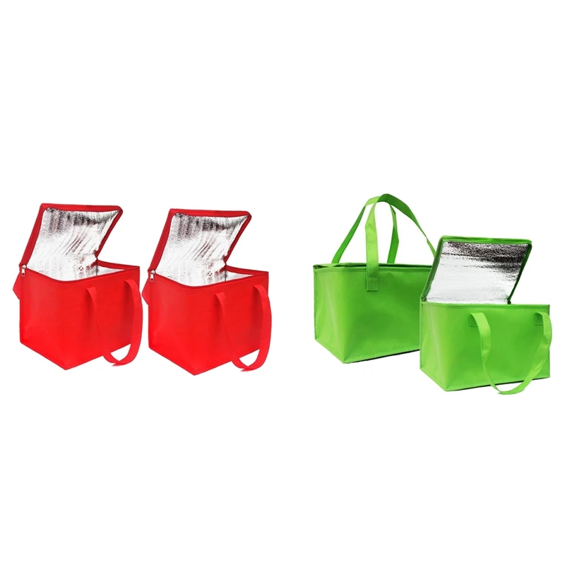 

4Pcs Foldable Large Cooler Bag Portable Food Cake Insulated Bag Aluminum Foil Thermal Box Green & Red