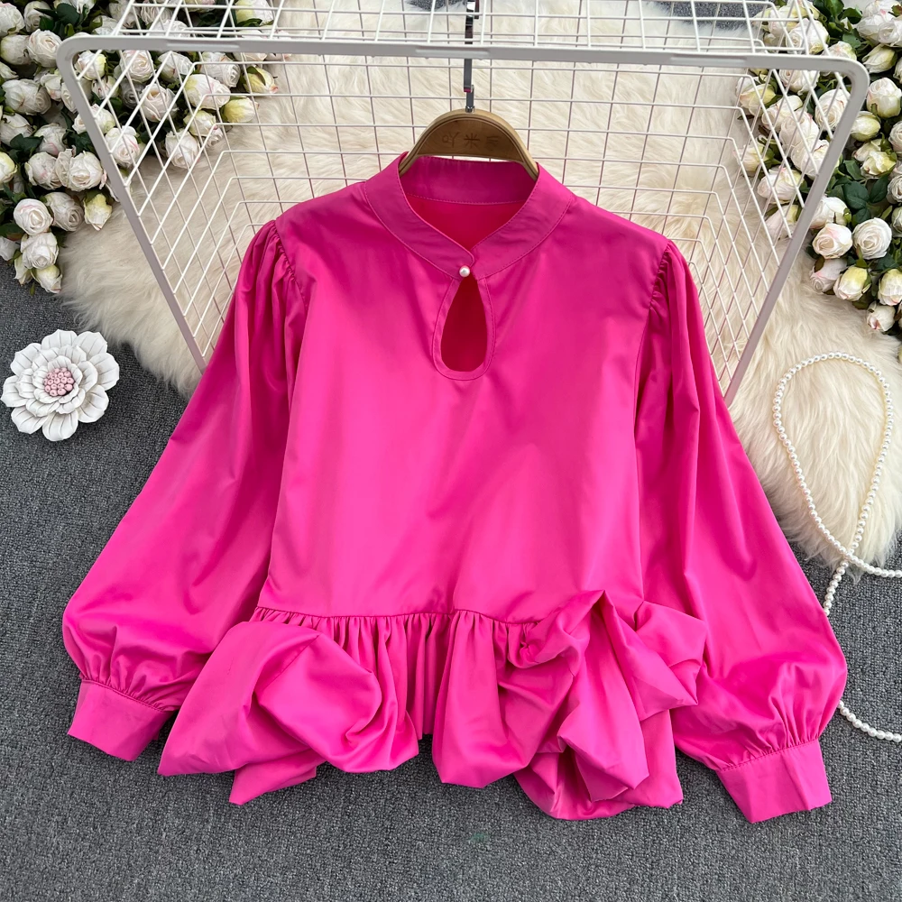

SuperAen Autumn European and American Round Neck Pleated Ruffle Stitched Waist Lantern Sleeve Shirt Sweet Tops