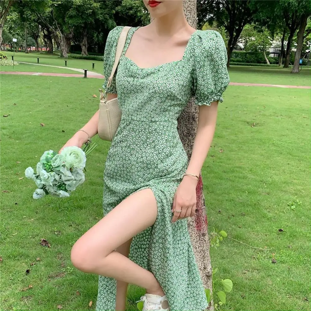 Women Summer Dress Bubble Sleeves High Split Loose Hem Square Neck Flower Print Dating Shirring Tight Waist Women Midi Dress