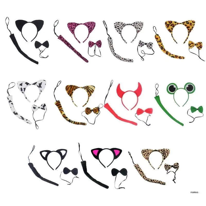 

Kids 3Pcs Animal Cosplay Costume Set for Cat Ears Plush Headband Long Tail Bow T